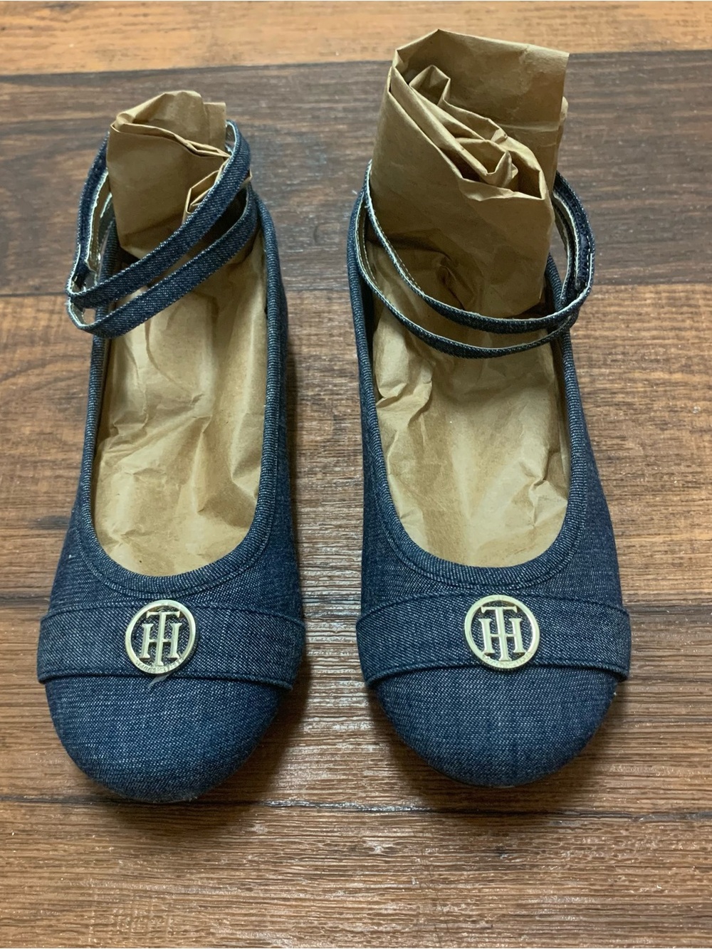 Tommy Hilfiger Denim Ballet Flats Logo Ankle Strap Blue Jean Girls Shoes Sz 2